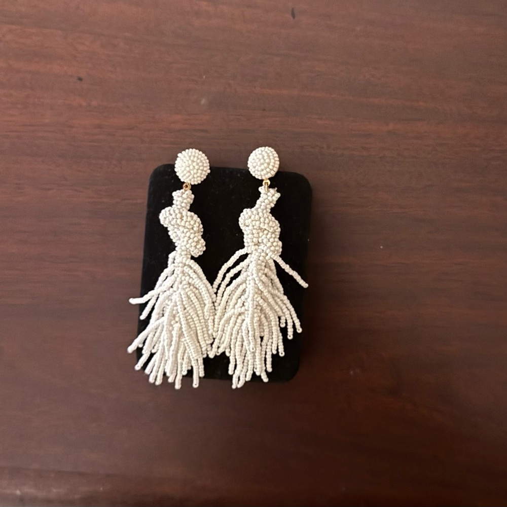 Elegant White Beaded Tassel Earrings